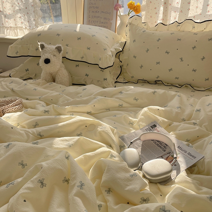 91家纺网 家纺一手货源 找家纺 繁花家居 2026新款木棉泡芙感超糯叽叽花边床盖夏被四件套 蝴蝶梦境