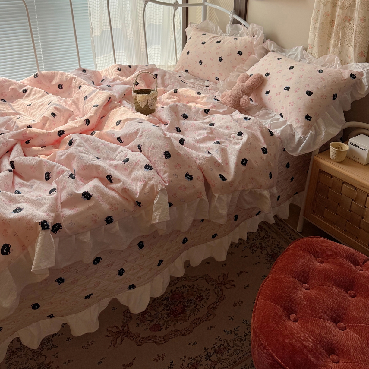 繁花家居 2026新款木棉泡芙感超糯叽叽花边床盖夏被四件套 墨喵粉花