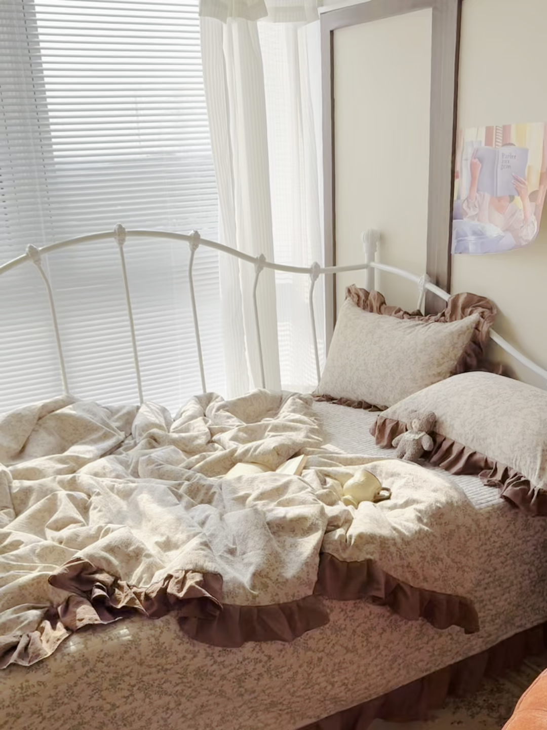 91家纺网 家纺一手货源 找家纺 繁花家居 2026新款木棉泡芙感超糯叽叽花边床盖夏被四件套 咖赫本