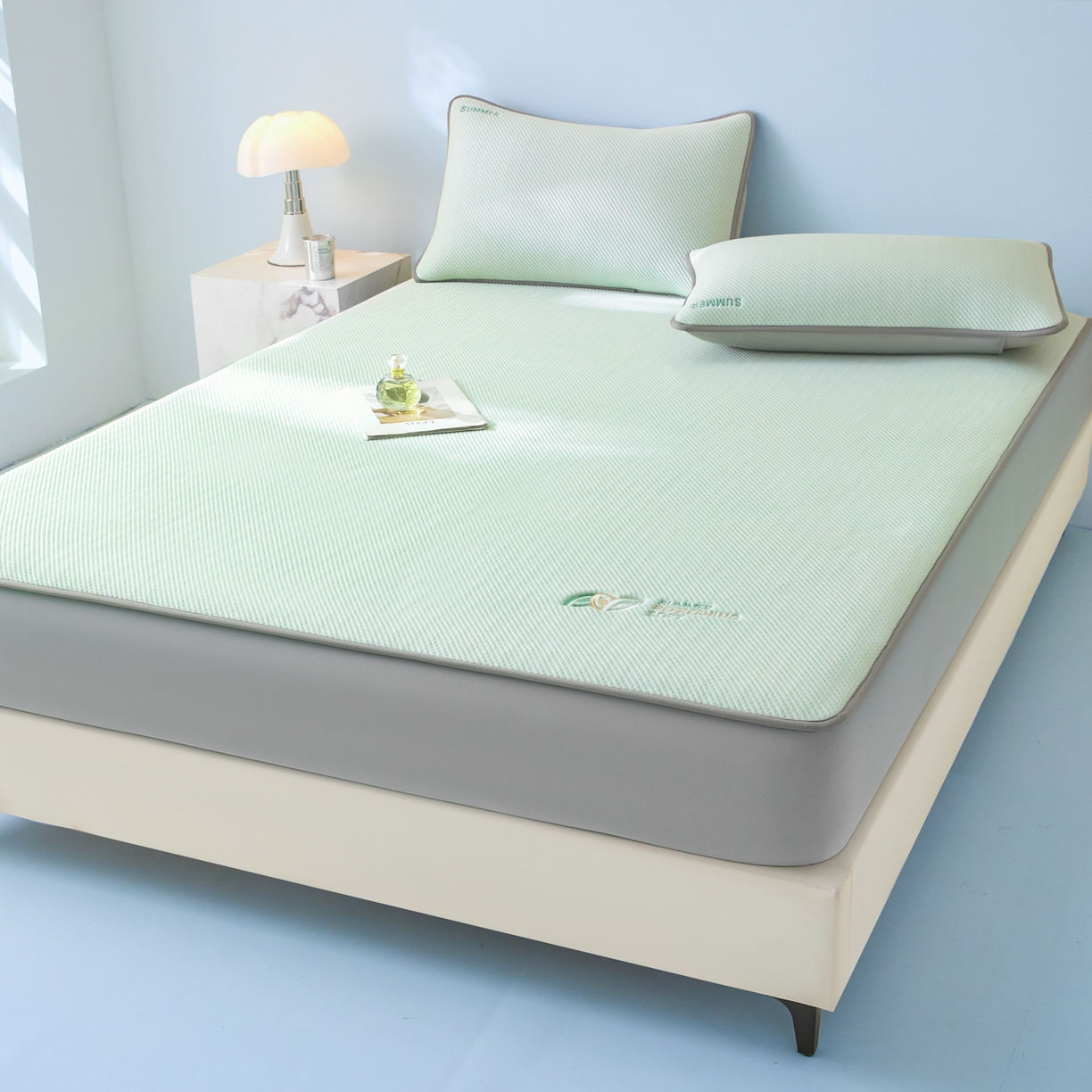 91家纺网 家纺一手货源 找家纺 欧邦 2026新款PE中分子刺绣款冰豆豆床笠夏被套件-序叶系列 序叶-绿