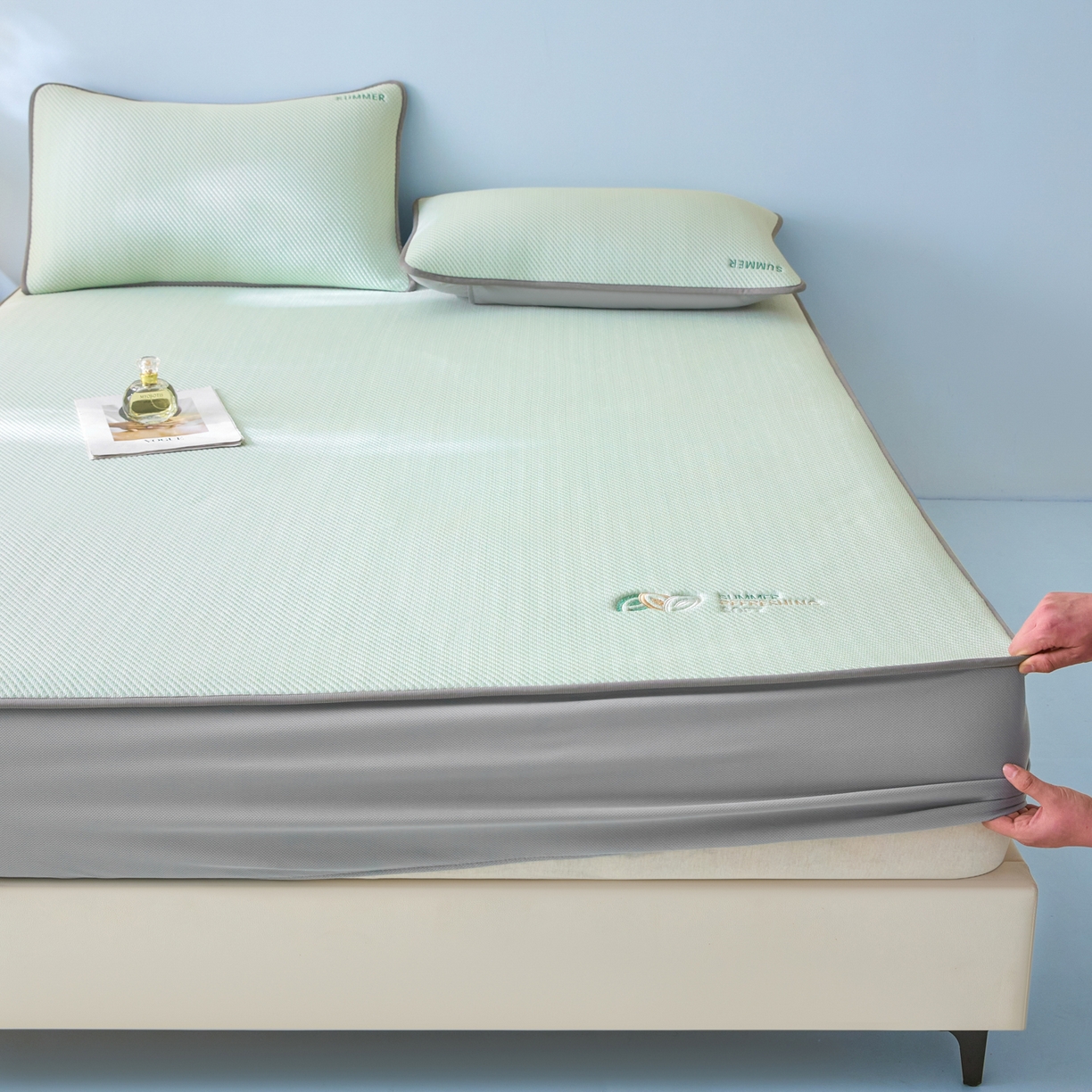 91家纺网 家纺一手货源 找家纺 欧邦 2026新款PE中分子刺绣款冰豆豆床笠夏被套件-序叶系列 序叶-绿