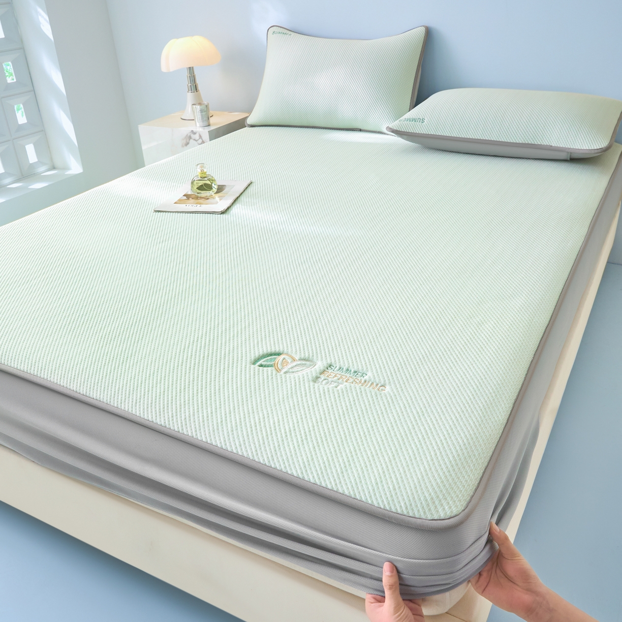 91家纺网 家纺一手货源 找家纺 欧邦 2026新款PE中分子刺绣款冰豆豆床笠夏被套件-序叶系列 序叶-绿