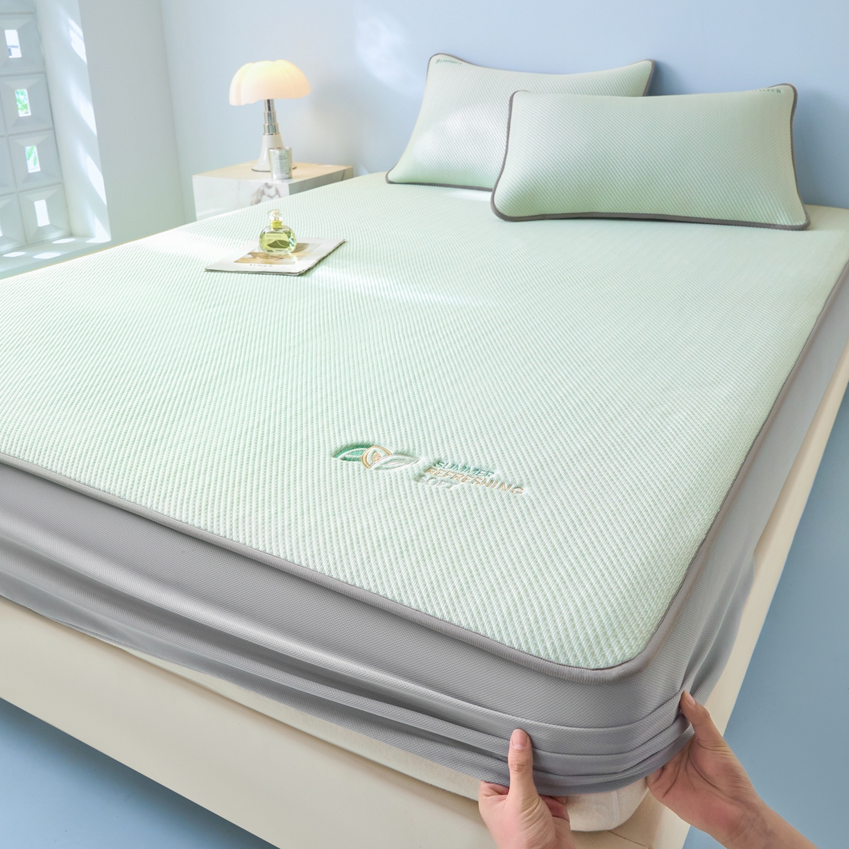 91家纺网 家纺一手货源 找家纺 欧邦 2026新款PE中分子刺绣款冰豆豆床笠夏被套件-序叶系列 序叶-绿