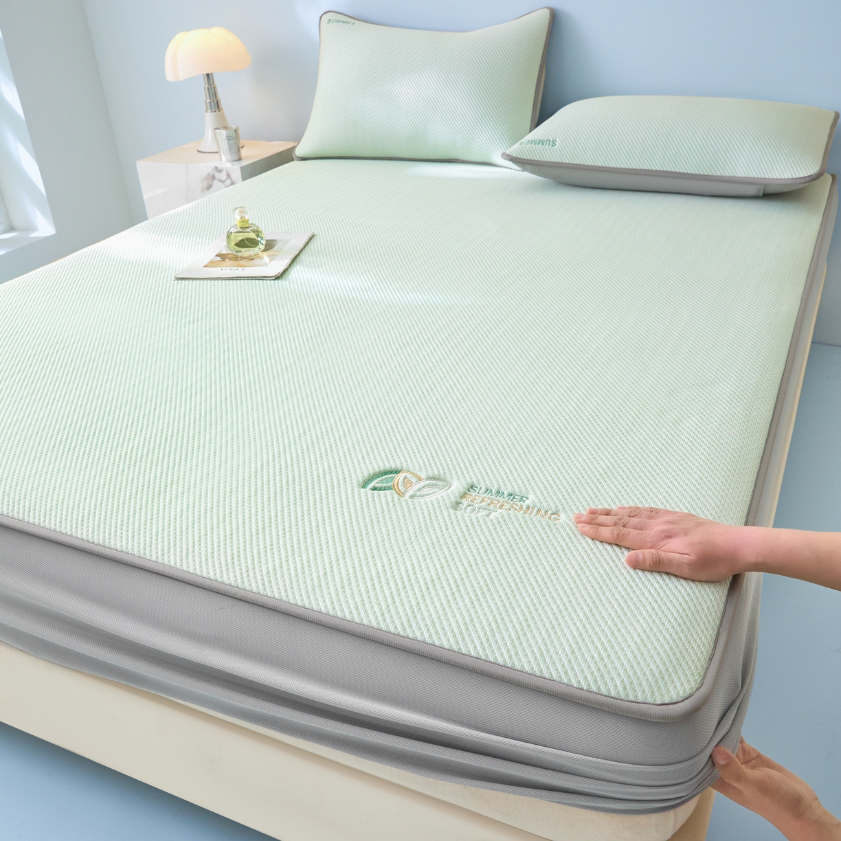 91家纺网 家纺一手货源 找家纺 欧邦 2026新款PE中分子刺绣款冰豆豆床笠夏被套件-序叶系列 序叶-绿