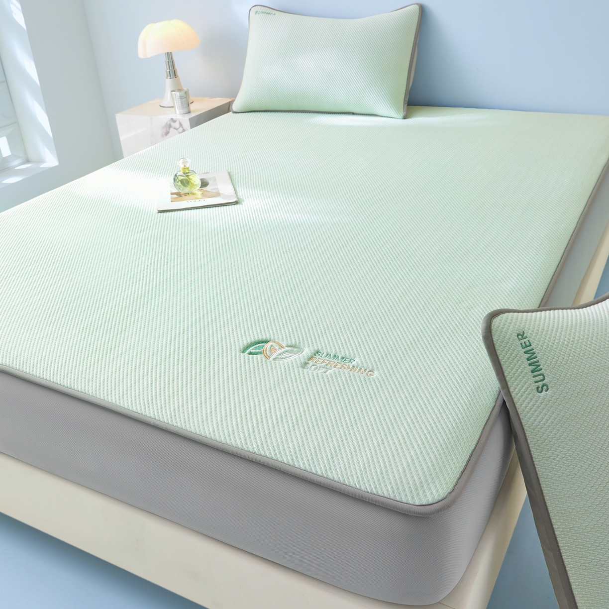 91家纺网 家纺一手货源 找家纺 欧邦 2026新款PE中分子刺绣款冰豆豆床笠夏被套件-序叶系列 序叶-绿