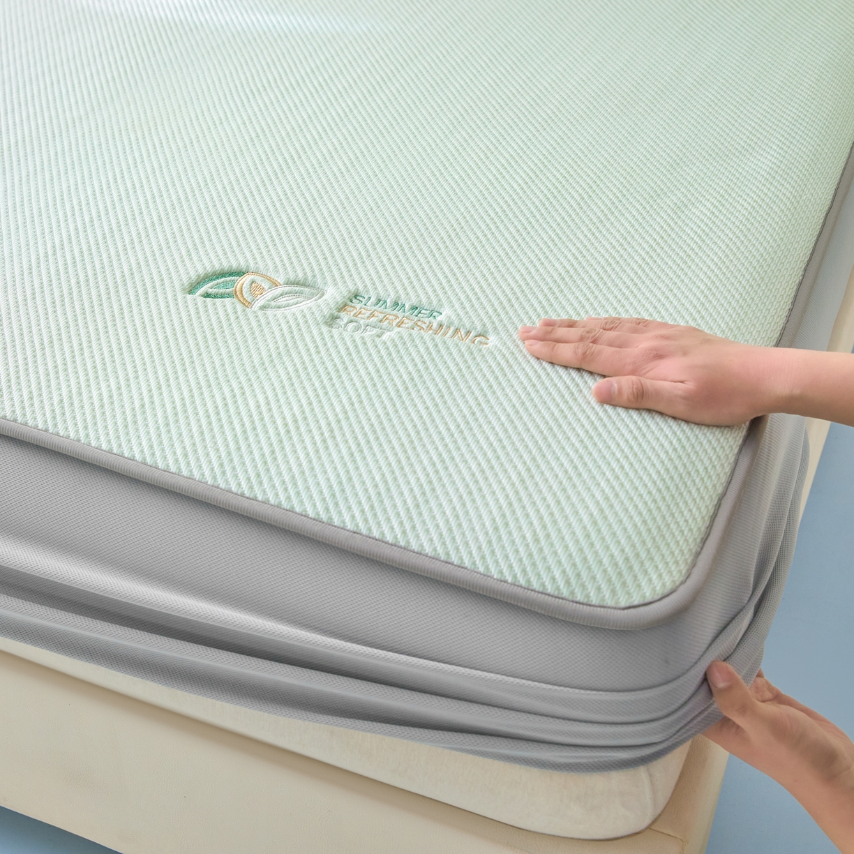 91家纺网 家纺一手货源 找家纺 欧邦 2026新款PE中分子刺绣款冰豆豆床笠夏被套件-序叶系列 序叶-绿