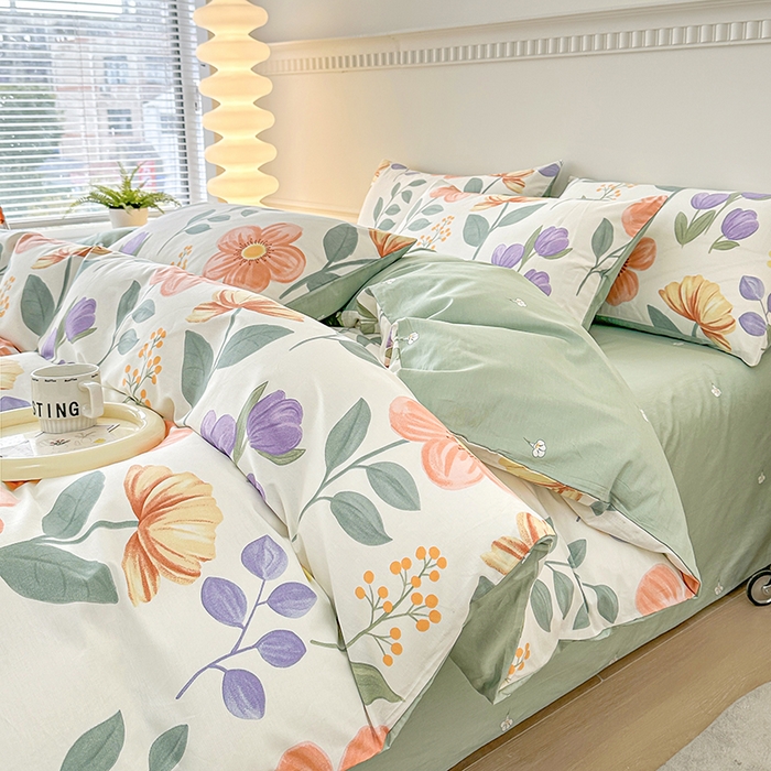 91家纺网 家纺一手货源 找家纺 宇彬家纺 2026直播新款13372A类全棉纯棉印花床单床笠款四件套和单被套喷气清新简约 古涧茉莉