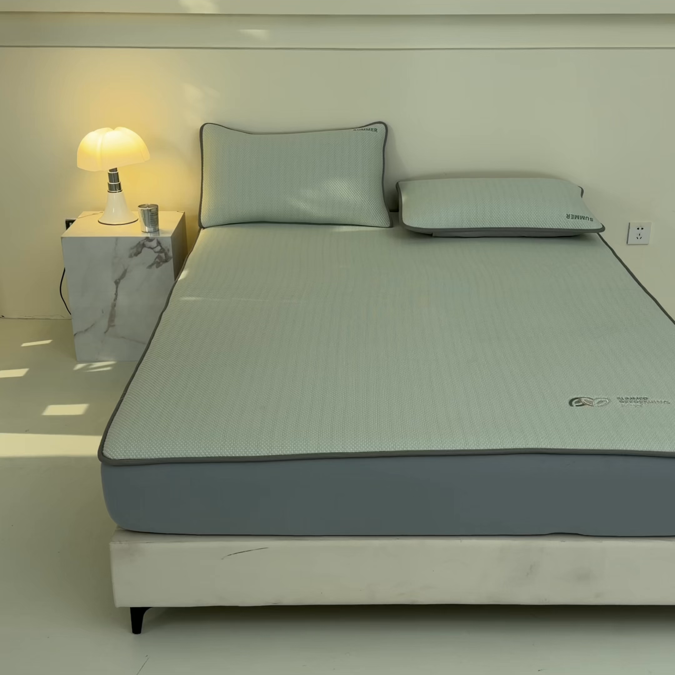 91家纺网 家纺一手货源 找家纺 欧邦 2026新款PE中分子刺绣款冰豆豆床笠夏被套件-序叶系列 序叶-绿