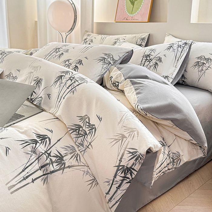 91家纺网 家纺一手货源 找家纺 宇彬家纺 2026直播新款13372A类全棉纯棉印花床单床笠款四件套和单被套喷气清新简约 墨竹