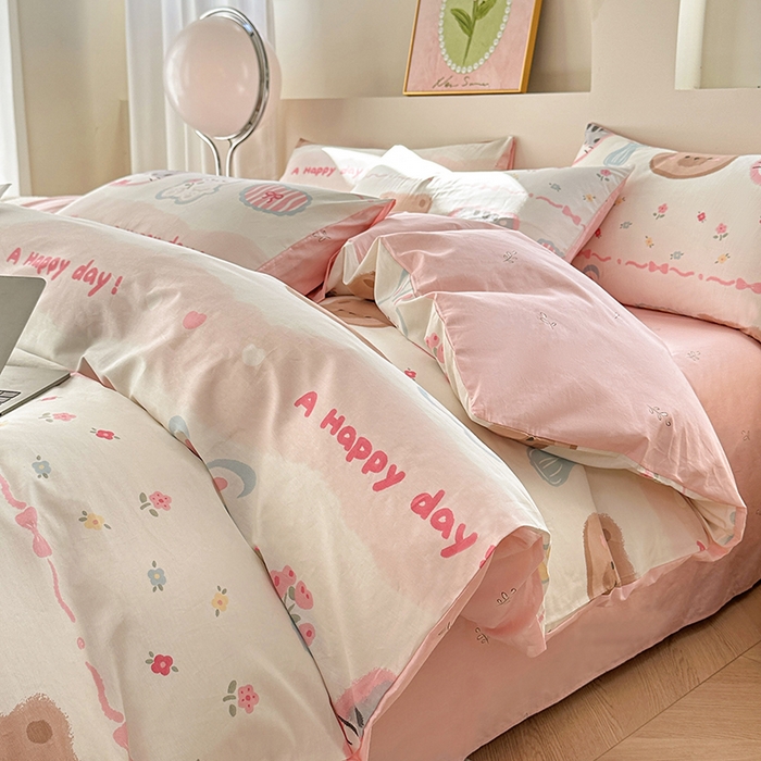 91家纺网 家纺一手货源 找家纺 宇彬家纺 2026直播新款13372A类全棉纯棉印花床单床笠款四件套和单被套喷气清新简约 忆伴时光