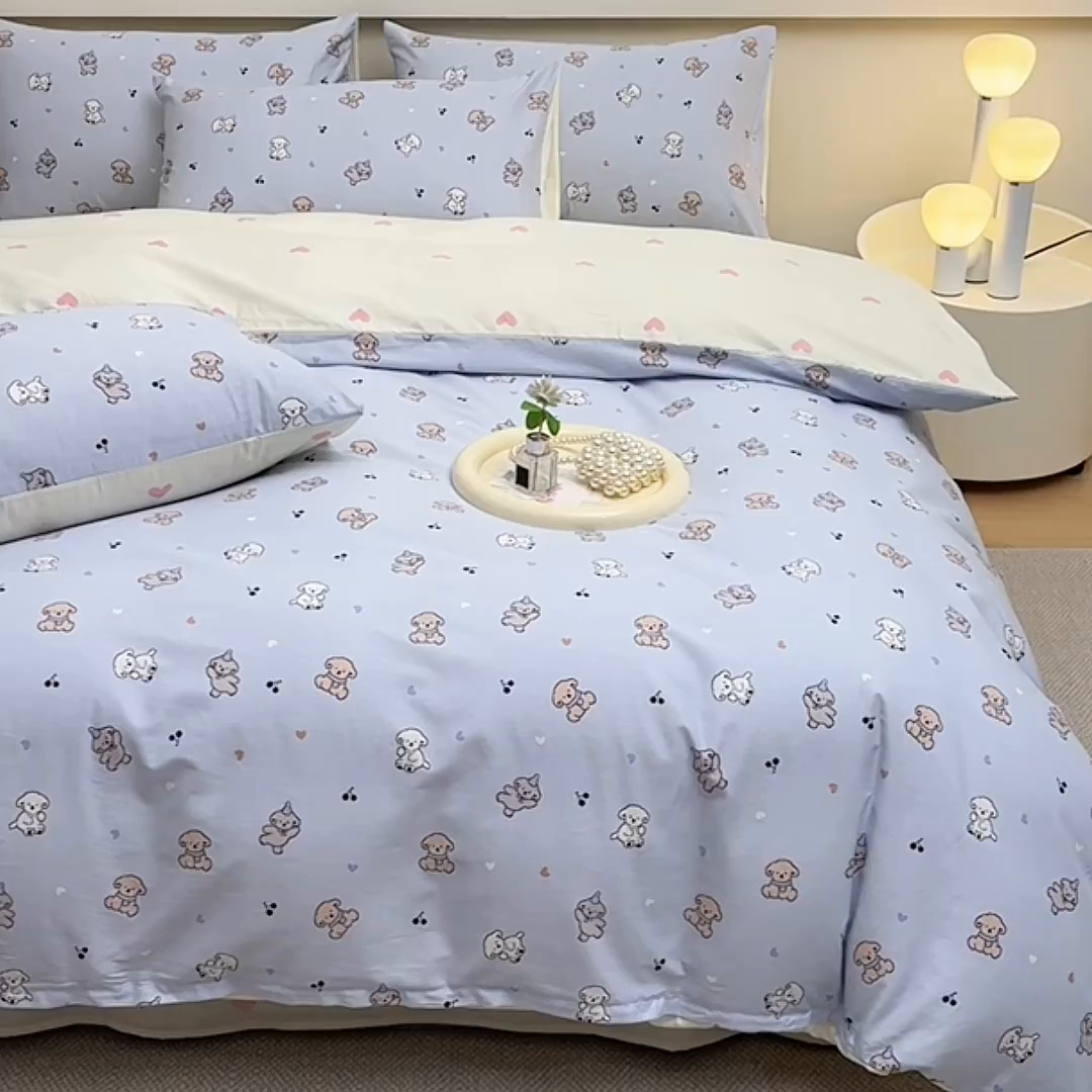 91家纺网 家纺一手货源 找家纺 宇彬家纺 2026直播新款13372A类全棉纯棉印花床单床笠款四件套和单被套喷气清新简约 告白小耶