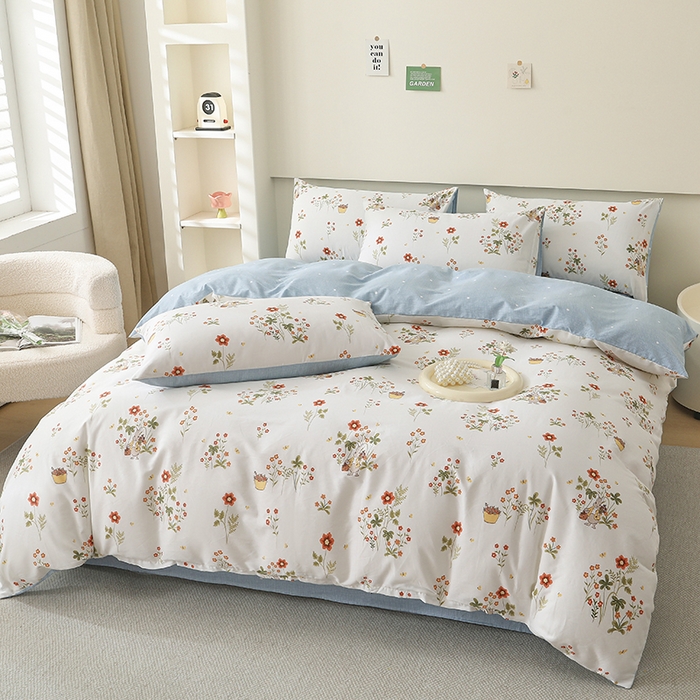 91家纺网 家纺一手货源 找家纺 宇彬家纺 2026直播新款13372A类全棉纯棉印花床单床笠款四件套和单被套喷气清新简约 花间小趣_红