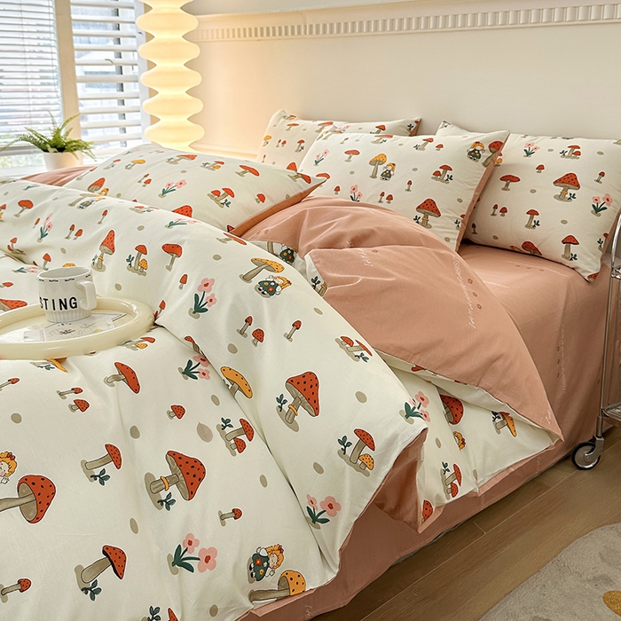 91家纺网 家纺一手货源 找家纺 宇彬家纺 2026直播新款13372A类全棉纯棉印花床单床笠款四件套和单被套喷气清新简约 采蘑菇