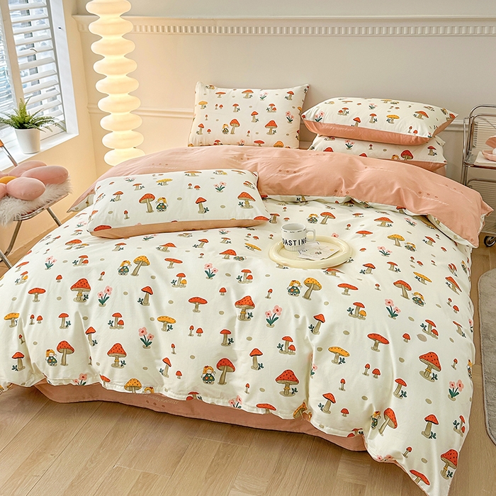 91家纺网 家纺一手货源 找家纺 宇彬家纺 2026直播新款13372A类全棉纯棉印花床单床笠款四件套和单被套喷气清新简约 采蘑菇