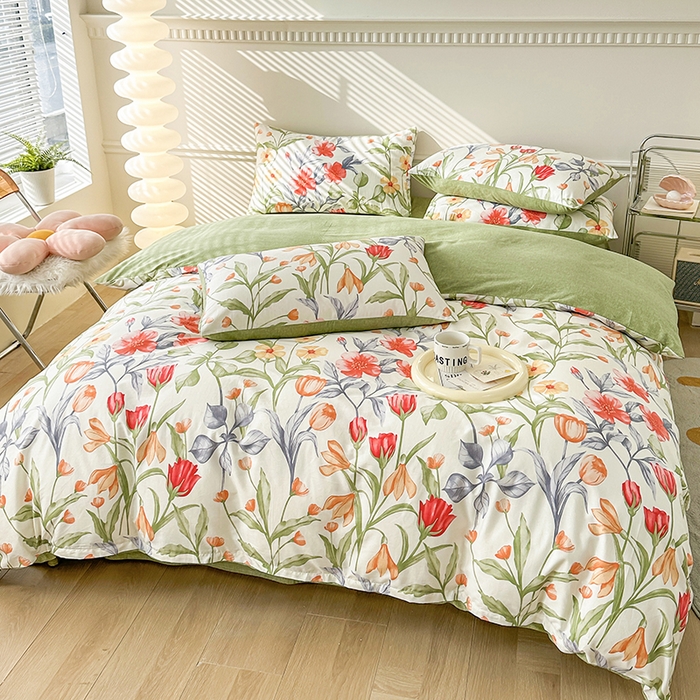 91家纺网 家纺一手货源 找家纺 宇彬家纺 2026直播新款13372A类全棉纯棉印花床单床笠款四件套和单被套喷气清新简约 朵霏