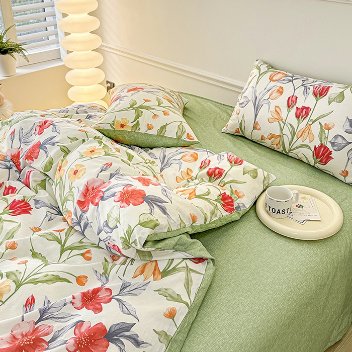 91家纺网 家纺一手货源 找家纺 宇彬家纺 2026直播新款13372A类全棉纯棉印花床单床笠款四件套和单被套喷气清新简约 朵霏