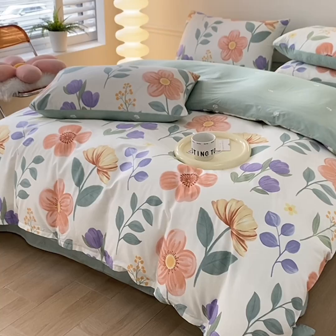 91家纺网 家纺一手货源 找家纺 宇彬家纺 2026直播新款13372A类全棉纯棉印花床单床笠款四件套和单被套喷气清新简约 古涧茉莉