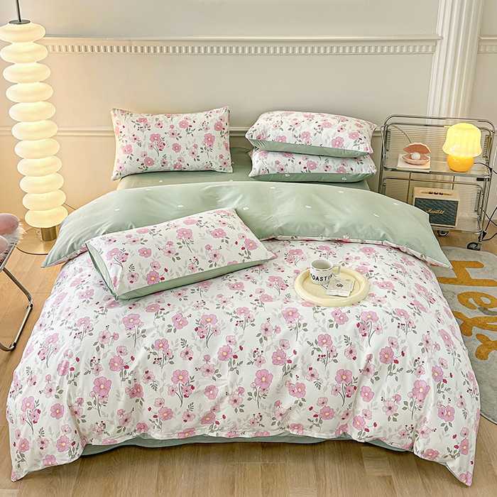 91家纺网 家纺一手货源 找家纺 宇彬家纺 2026直播新款13372A类全棉纯棉印花床单床笠款四件套和单被套喷气清新简约 花漫蹊粉