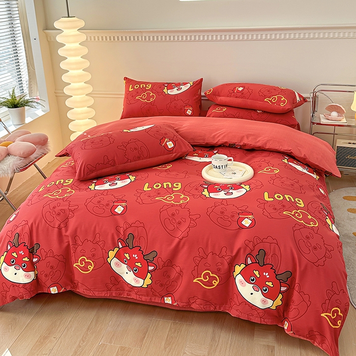 91家纺网 家纺一手货源 找家纺 宇彬家纺 2026直播新款13372A类全棉纯棉印花床单床笠款四件套和单被套喷气清新简约 龙瑞-红