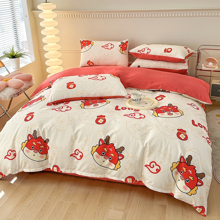 91家纺网 家纺一手货源 找家纺 宇彬家纺 2026直播新款13372A类全棉纯棉印花床单床笠款四件套和单被套喷气清新简约 龙瑞-黄