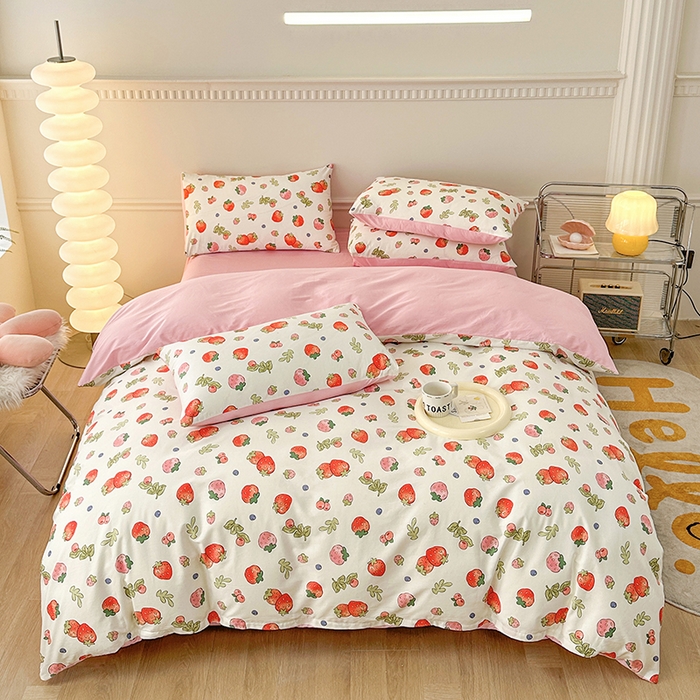 91家纺网 家纺一手货源 找家纺 宇彬家纺 2026直播新款13372A类全棉纯棉印花床单床笠款四件套和单被套喷气清新简约 莓果缤纷