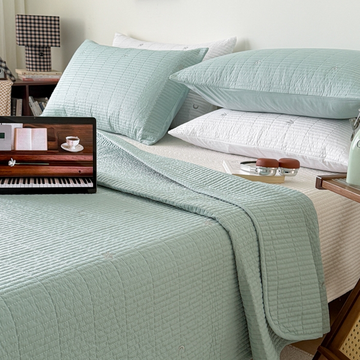 91家纺网 家纺一手货源 找家纺 沐纯家居 2026春夏新款全棉星月刺绣床盖三件套 星月蓝