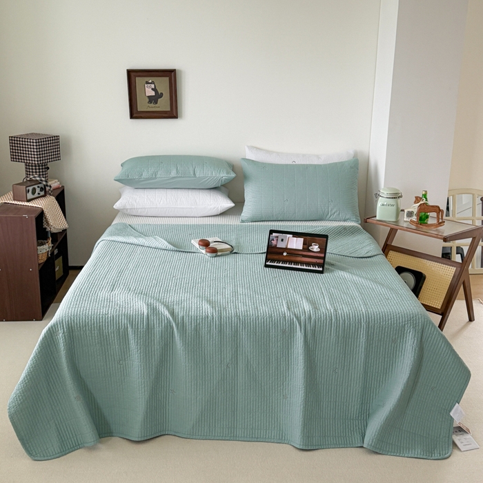 91家纺网 家纺一手货源 找家纺 沐纯家居 2026春夏新款全棉星月刺绣床盖三件套 星月蓝