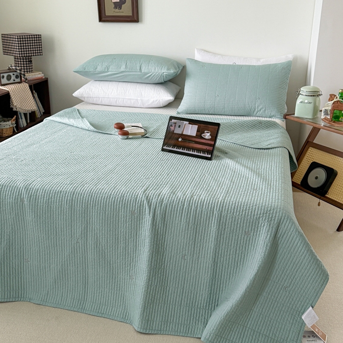 91家纺网 家纺一手货源 找家纺 沐纯家居 2026春夏新款全棉星月刺绣床盖三件套 星月蓝