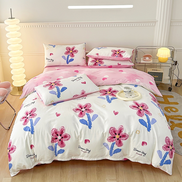 91家纺网 家纺一手货源 找家纺 宇彬家纺 2026直播新款13372A类全棉纯棉印花床单床笠款四件套和单被套喷气清新简约 甜蜜的梦