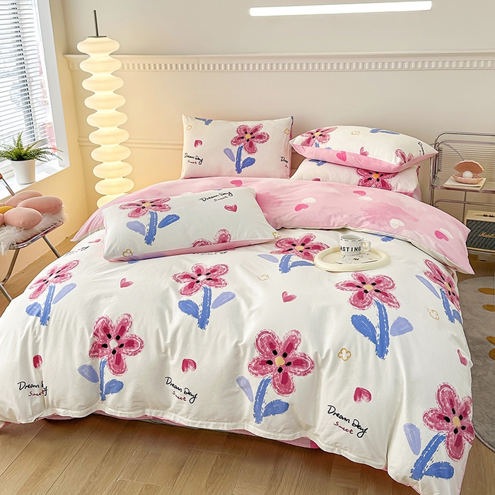 91家纺网 家纺一手货源 找家纺 宇彬家纺 2026直播新款13372A类全棉纯棉印花床单床笠款四件套和单被套喷气清新简约 甜蜜的梦