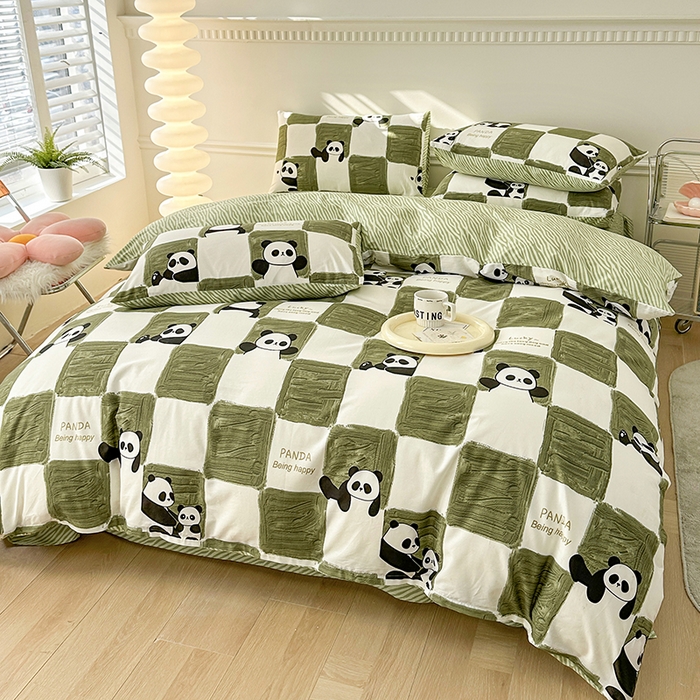 91家纺网 家纺一手货源 找家纺 宇彬家纺 2026直播新款13372A类全棉纯棉印花床单床笠款四件套和单被套喷气清新简约 熊猫胖达