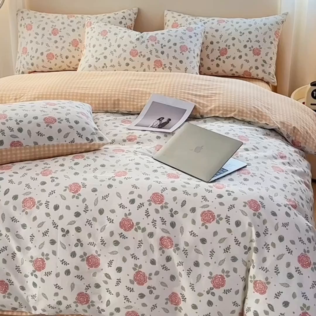 91家纺网 家纺一手货源 找家纺 宇彬家纺 2026直播新款13372A类全棉纯棉印花床单床笠款四件套和单被套喷气清新简约 花涧澈