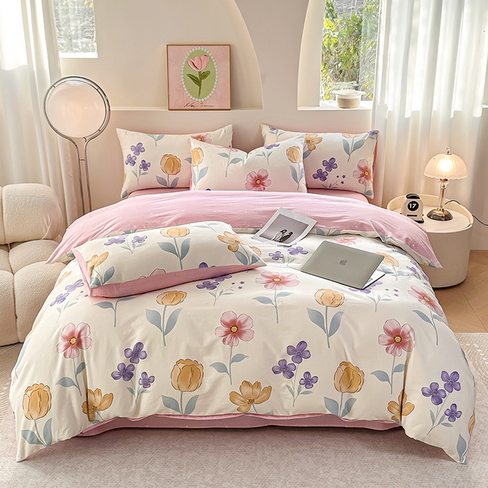 91家纺网 家纺一手货源 找家纺 宇彬家纺 2026直播新款13372A类全棉纯棉印花床单床笠款四件套和单被套喷气清新简约 花恬梦