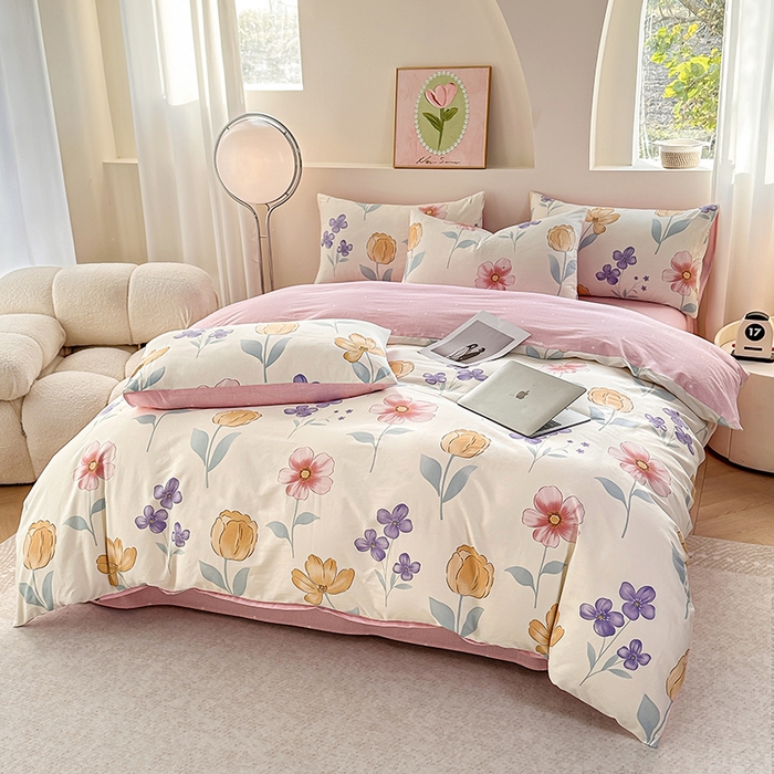 91家纺网 家纺一手货源 找家纺 宇彬家纺 2026直播新款13372A类全棉纯棉印花床单床笠款四件套和单被套喷气清新简约 花恬梦