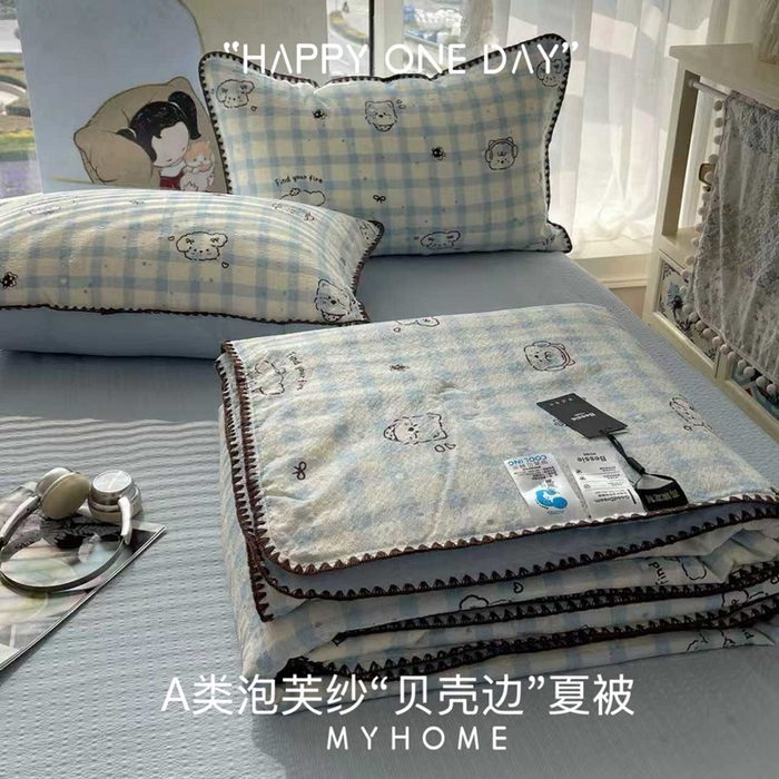91家纺网 家纺一手货源 找家纺 （总）贝扬思家纺 2026新款泡芙纱贝壳边夏被套件-欧包系列（今天也只做被快乐包裹的小朋友）