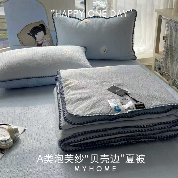 91家纺网 家纺一手货源 找家纺 （总）贝扬思家纺 2026新款泡芙纱贝壳边夏被套件-欧包系列（今天也只做被快乐包裹的小朋友）