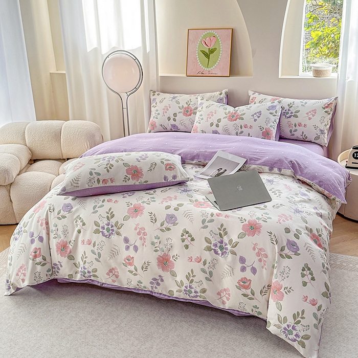 91家纺网 家纺一手货源 找家纺 宇彬家纺 2026直播新款13372A类全棉纯棉印花床单床笠款四件套和单被套喷气清新简约 花韵花香