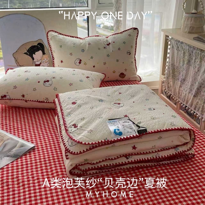 91家纺网 家纺一手货源 找家纺 （总）贝扬思家纺 2026新款泡芙纱贝壳边夏被套件-欧包系列（今天也只做被快乐包裹的小朋友）