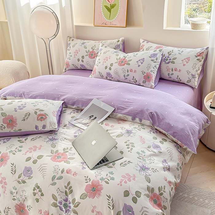 91家纺网 家纺一手货源 找家纺 宇彬家纺 2026直播新款13372A类全棉纯棉印花床单床笠款四件套和单被套喷气清新简约 花韵花香