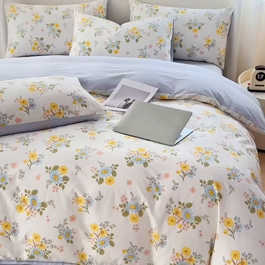 91家纺网 家纺一手货源 找家纺 宇彬家纺 2026直播新款13372A类全棉纯棉印花床单床笠款四件套和单被套喷气清新简约 冷露金桂