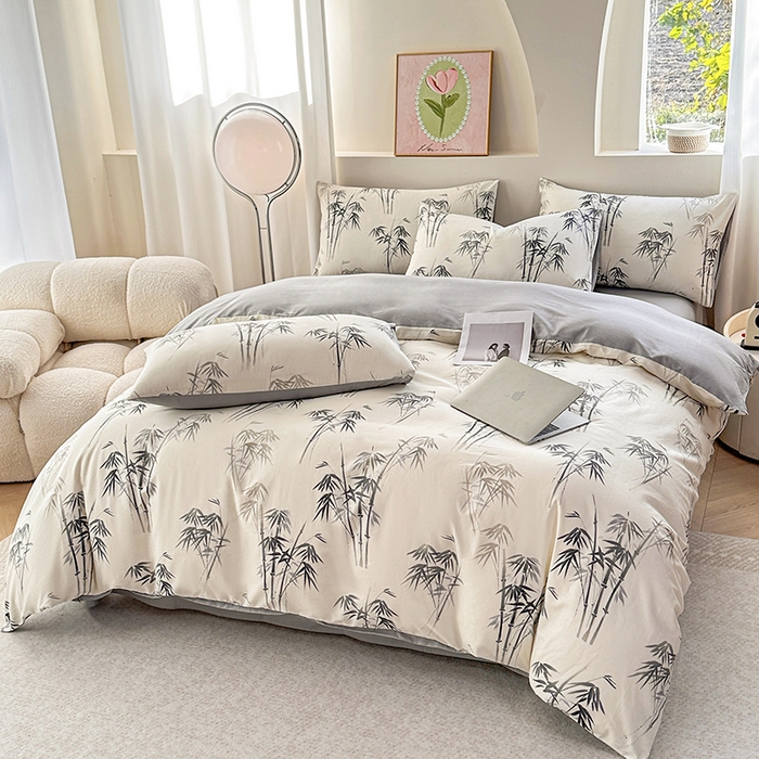 91家纺网 家纺一手货源 找家纺 宇彬家纺 2026直播新款13372A类全棉纯棉印花床单床笠款四件套和单被套喷气清新简约 墨竹