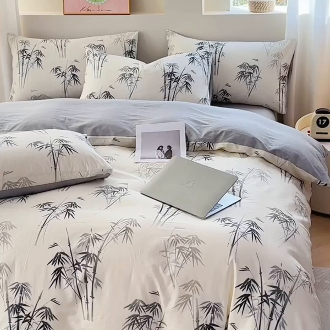 91家纺网 家纺一手货源 找家纺 宇彬家纺 2026直播新款13372A类全棉纯棉印花床单床笠款四件套和单被套喷气清新简约 墨竹