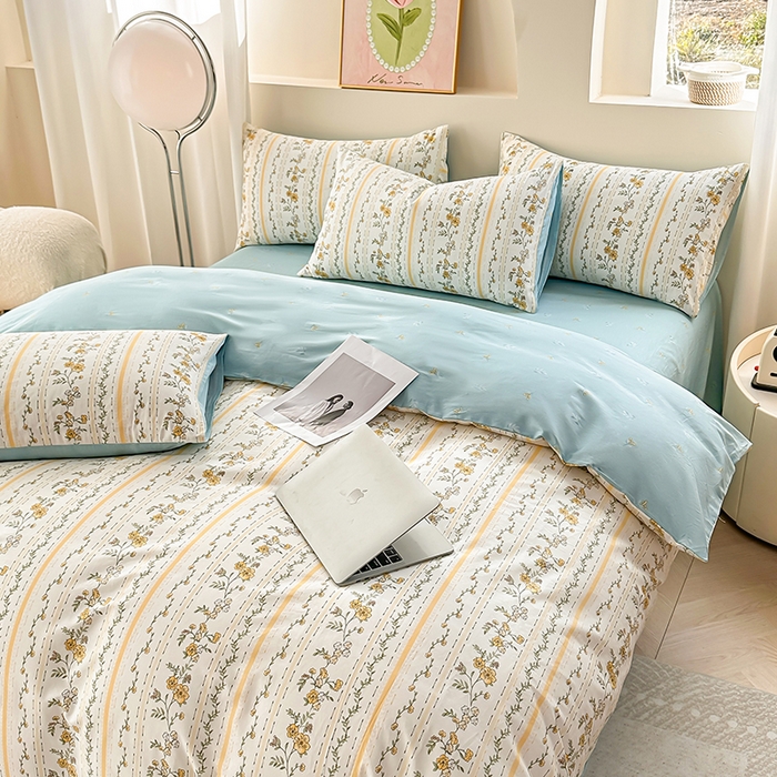 91家纺网 家纺一手货源 找家纺 宇彬家纺 2026直播新款13372A类全棉纯棉印花床单床笠款四件套和单被套喷气清新简约 宁静致远