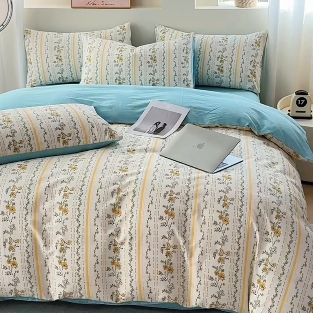 91家纺网 家纺一手货源 找家纺 宇彬家纺 2026直播新款13372A类全棉纯棉印花床单床笠款四件套和单被套喷气清新简约 宁静致远