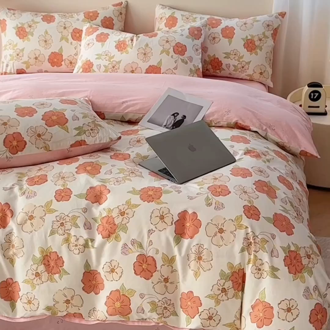 91家纺网 家纺一手货源 找家纺 宇彬家纺 2026直播新款13372A类全棉纯棉印花床单床笠款四件套和单被套喷气清新简约 颂和