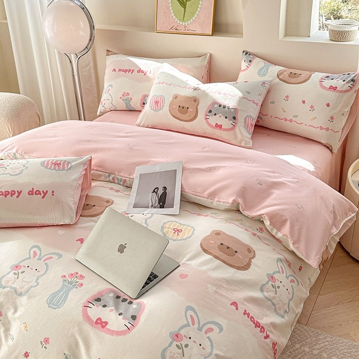 91家纺网 家纺一手货源 找家纺 宇彬家纺 2026直播新款13372A类全棉纯棉印花床单床笠款四件套和单被套喷气清新简约 忆伴时光