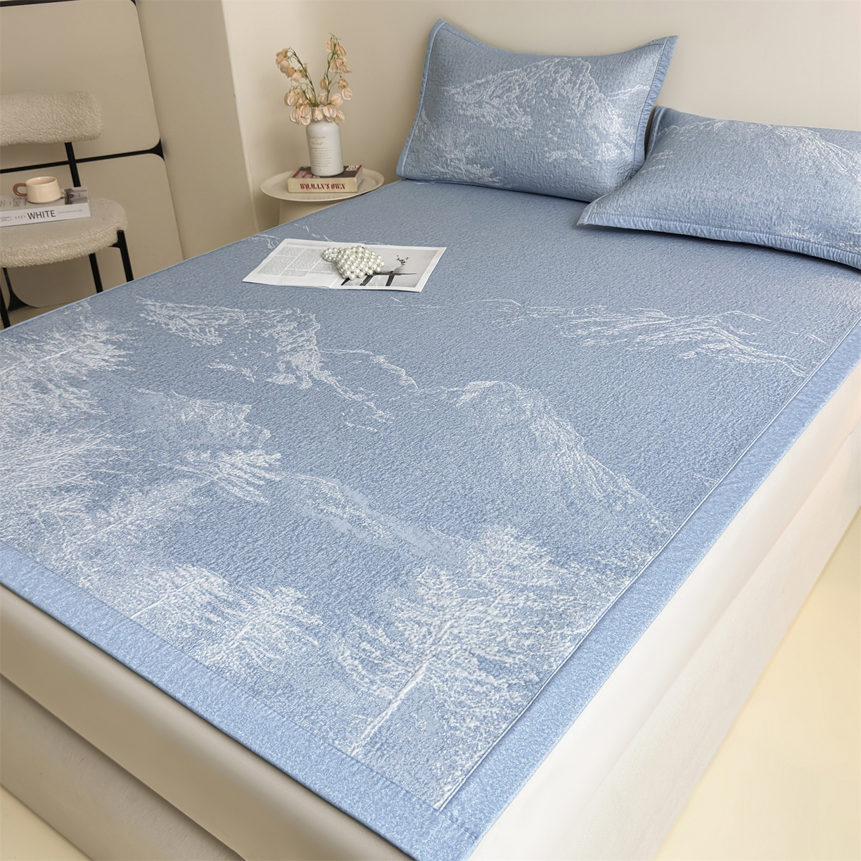 91家纺网 家纺一手货源 找家纺 （总）慕木家纺 2026新品高端复合三明治PE乙纶双面提花610克冰豆豆凉席水墨丹青系列（提供买家秀）