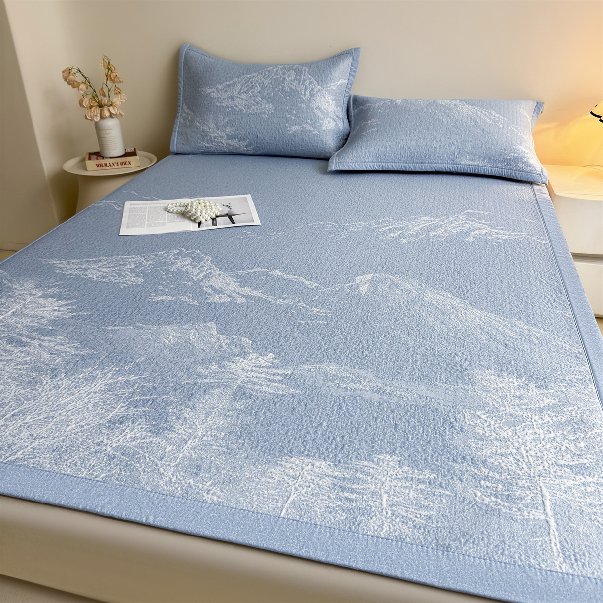 91家纺网 家纺一手货源 找家纺 （总）慕木家纺 2026新品高端复合三明治PE乙纶双面提花610克冰豆豆凉席水墨丹青系列（提供买家秀）