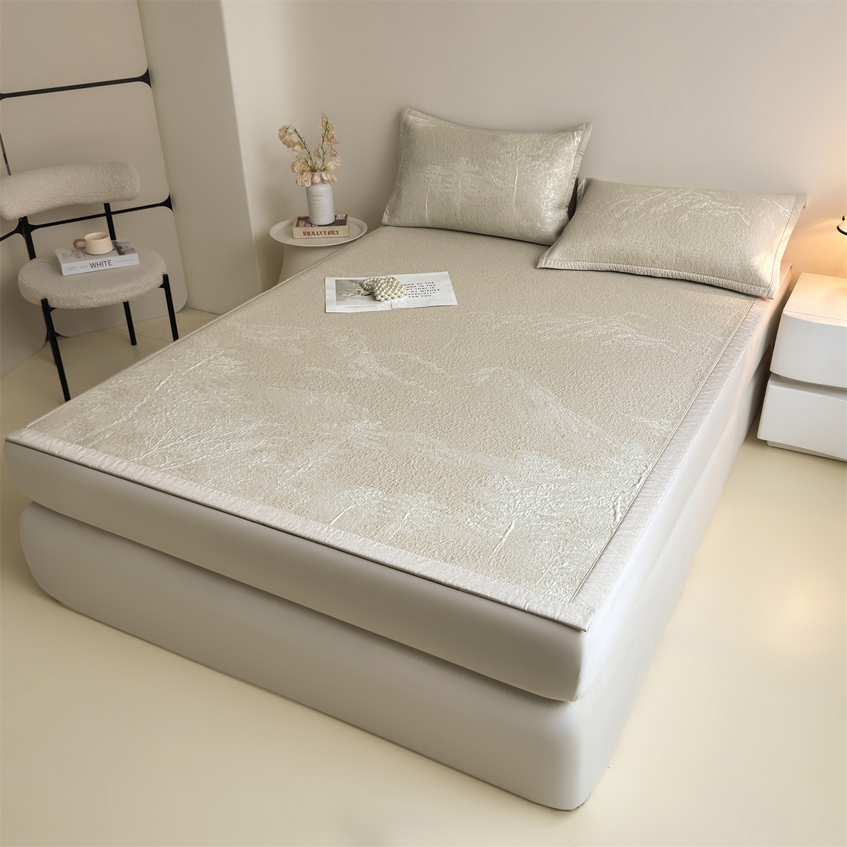 91家纺网 家纺一手货源 找家纺 慕木家纺 2026新品高端复合三明治PE乙纶双面提花610克冰豆豆凉席水墨丹青系列（提供买家秀） 床席款水墨丹青-卡其