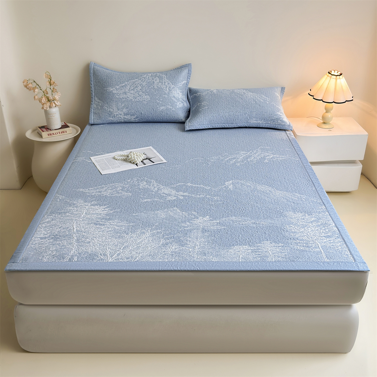 91家纺网 家纺一手货源 找家纺 慕木家纺 2026新品高端复合三明治PE乙纶双面提花610克冰豆豆凉席水墨丹青系列（提供买家秀） 床席款水墨丹青-蓝